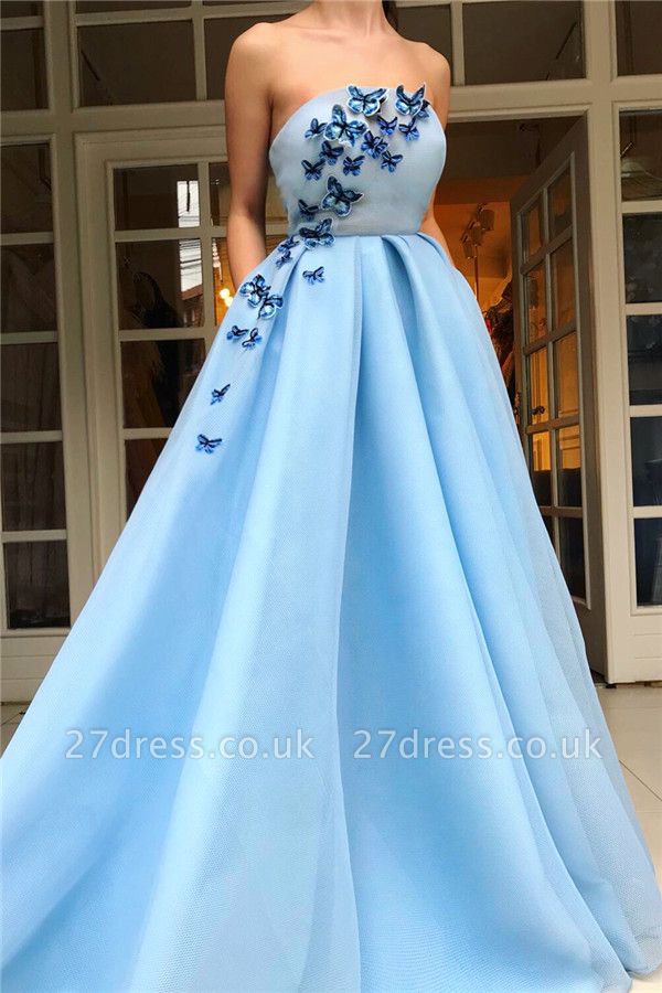 Affordable Strapless Sleeveless Blue Tulle Prom Dress | Stylish Ruffless Long Prom Dress with Butterfly