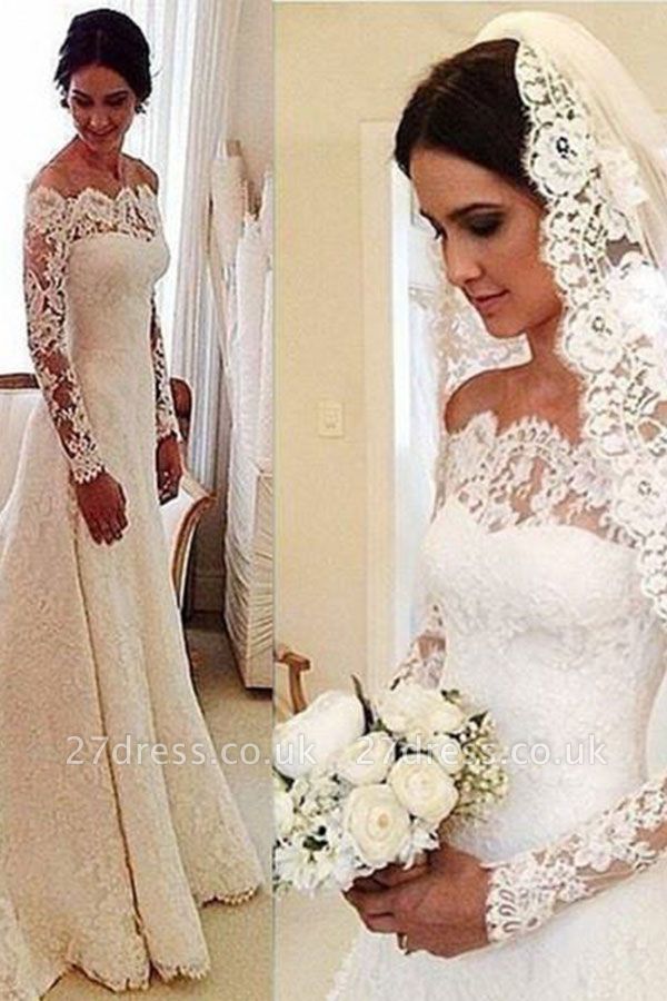 Elegant Long Sleeve Lace Wedding Dress With Long Train And Lace Appliques