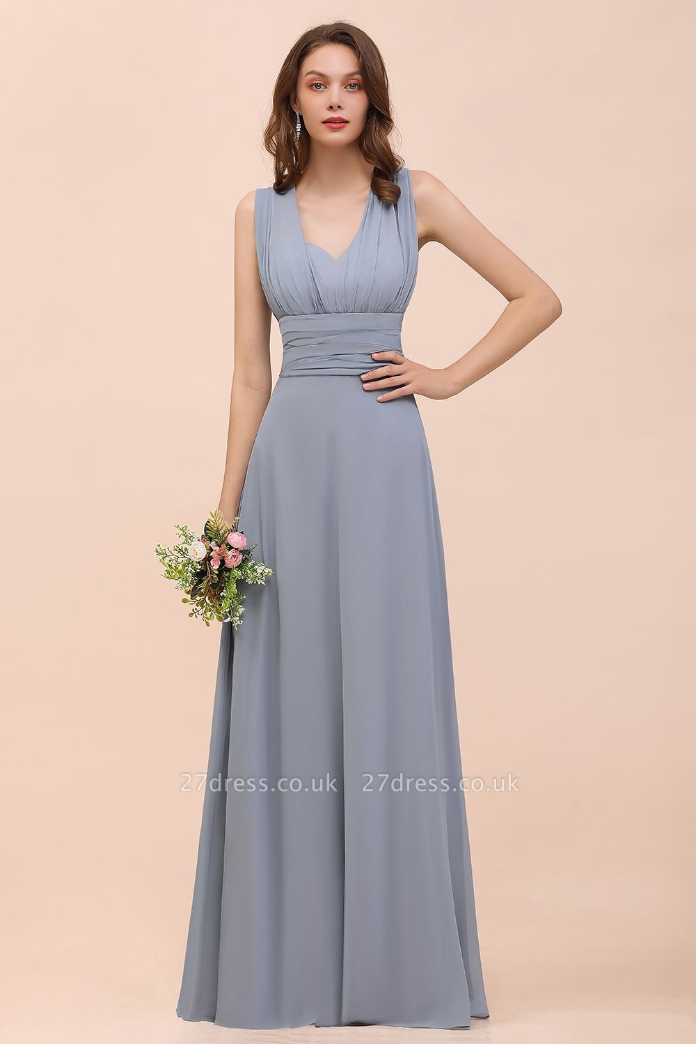 Elegant Dusty Blue Chiffon Long Bridesmaid Dress