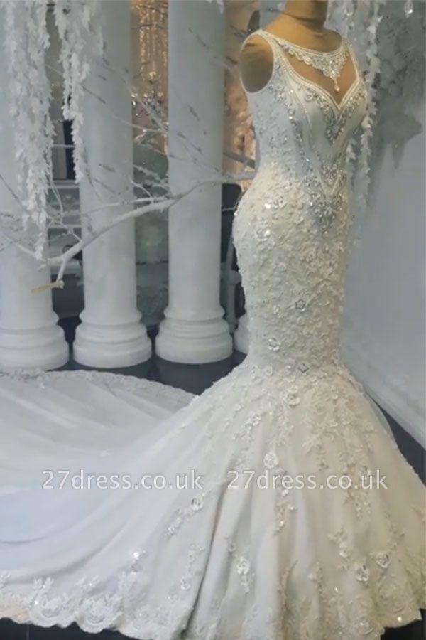 Glamorous Sexy Mermaid Sleeveless Wedding Dresses UK Floral Appliques Bridal Gowns with Crystals