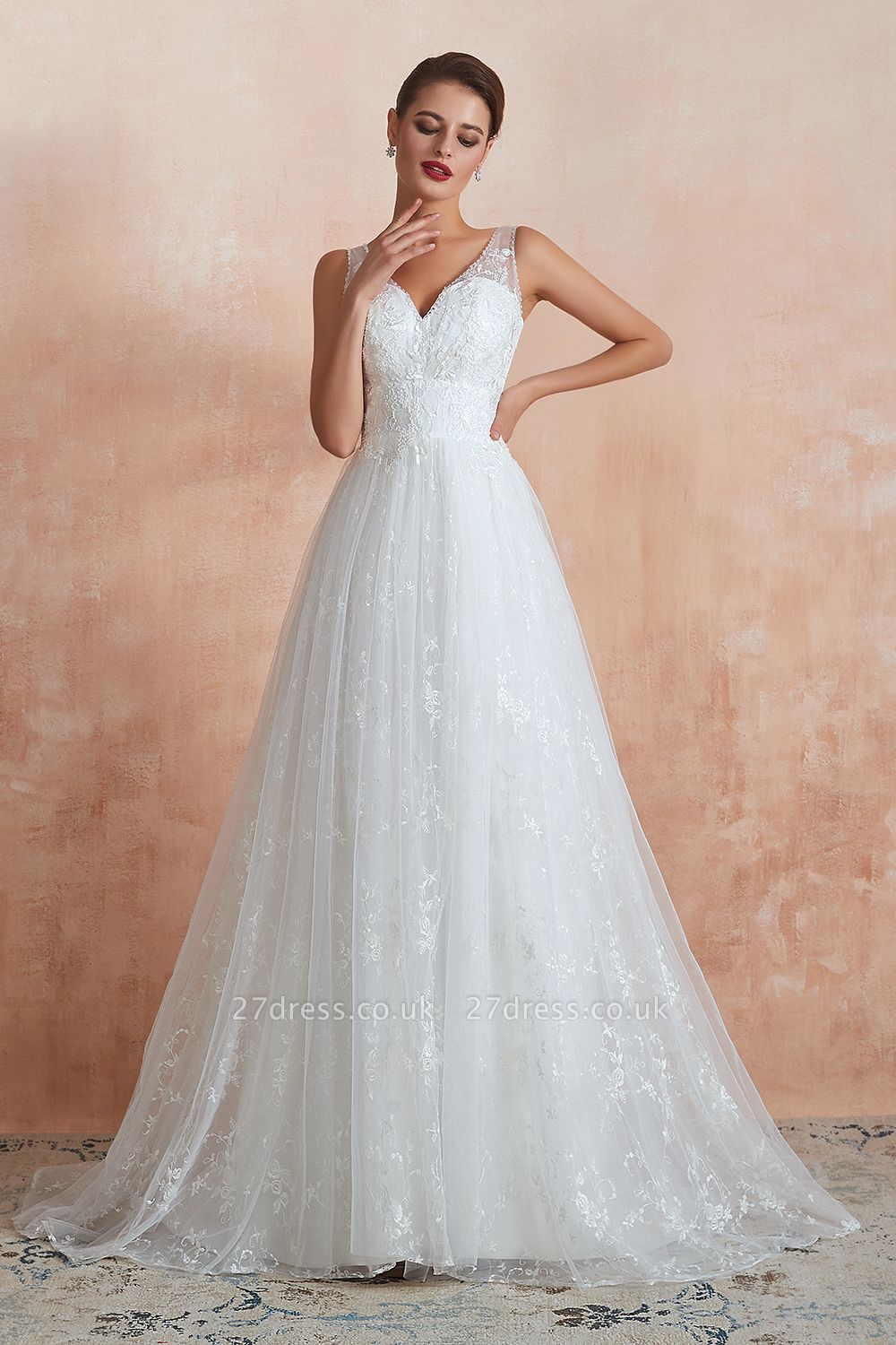 Elegant White V-neck Princess Wedding Dress Aline