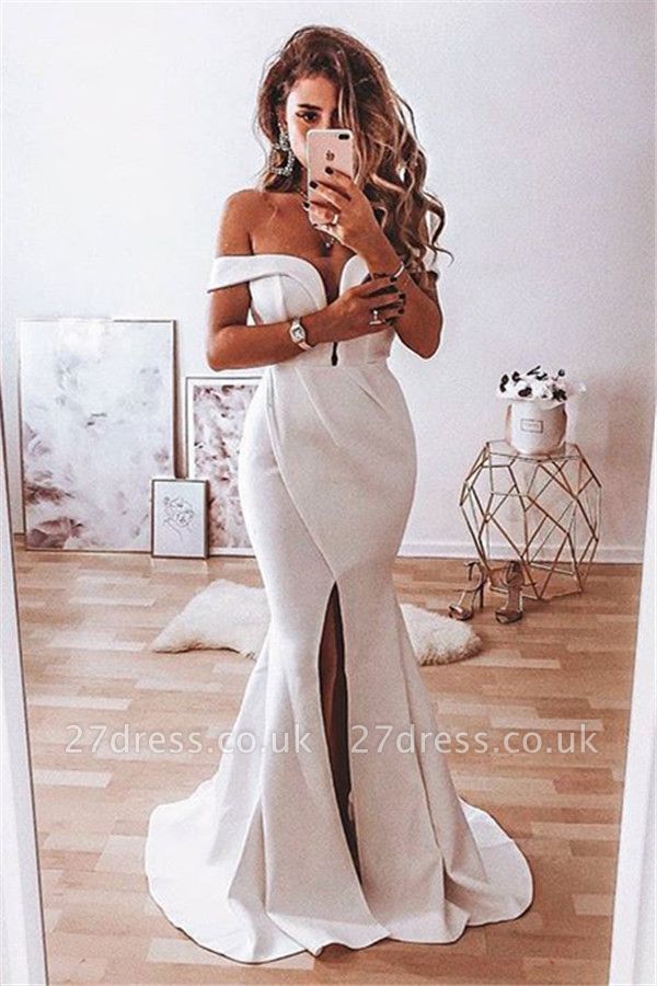 Elegant Off-the-Shoulder Split Front Sexy Mermaid Lace Wedding Dress