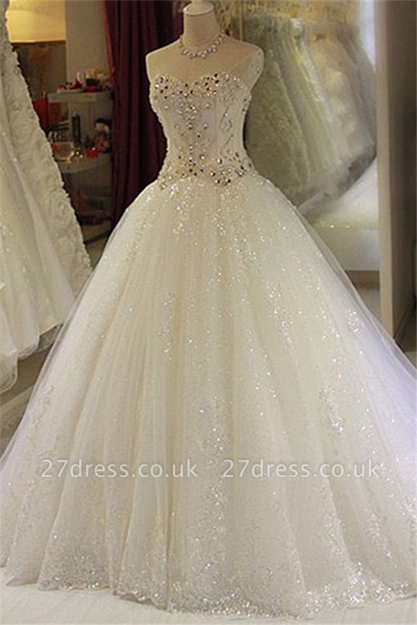 New Arrival Beaded Wedding Dresses UK Sweetheart Sleeveless Lace Appliques Bridal Dresses