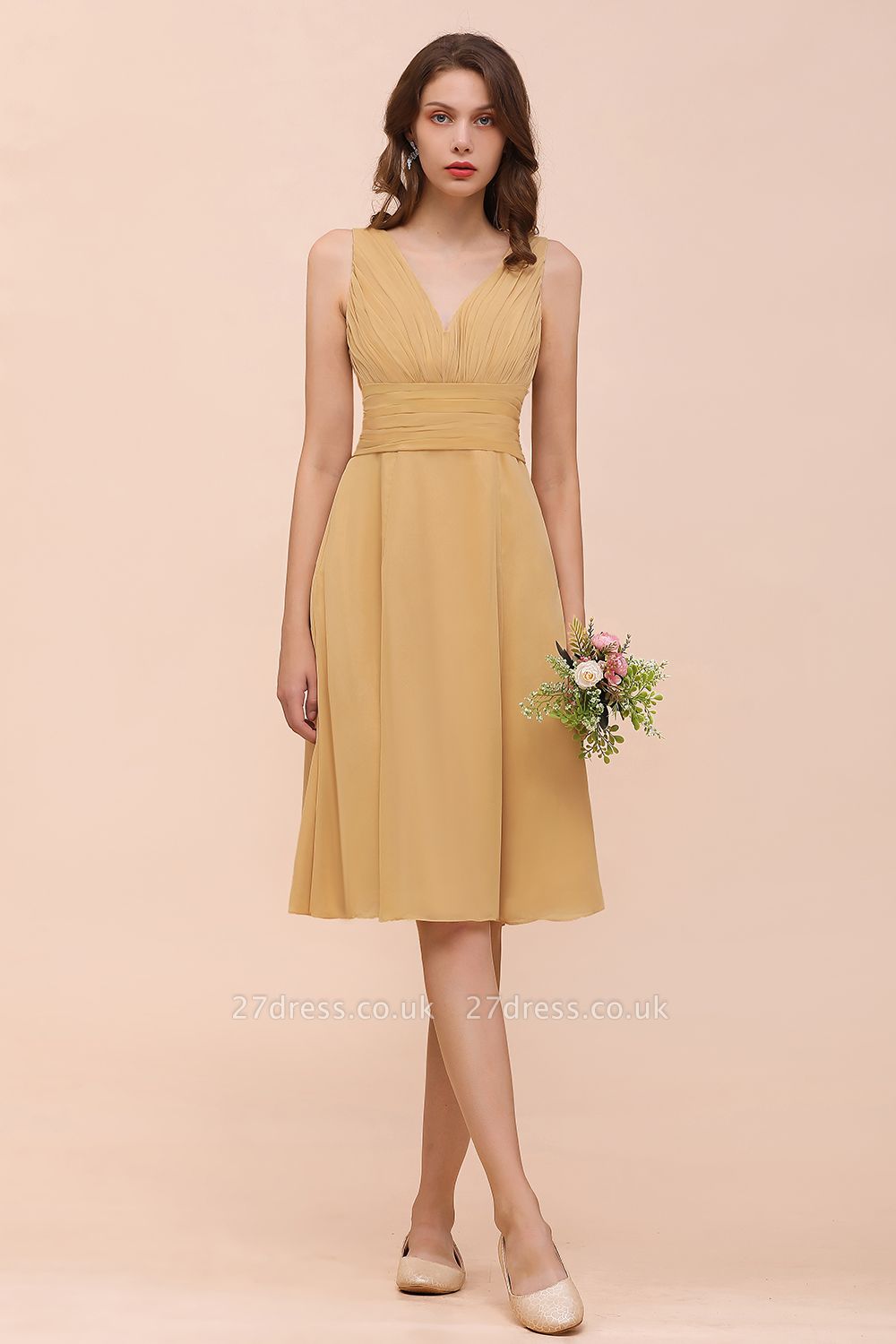 Short Gold Bridesmaid Dress V-neck Sleeveless Chiffon Knee Length Formal Dress