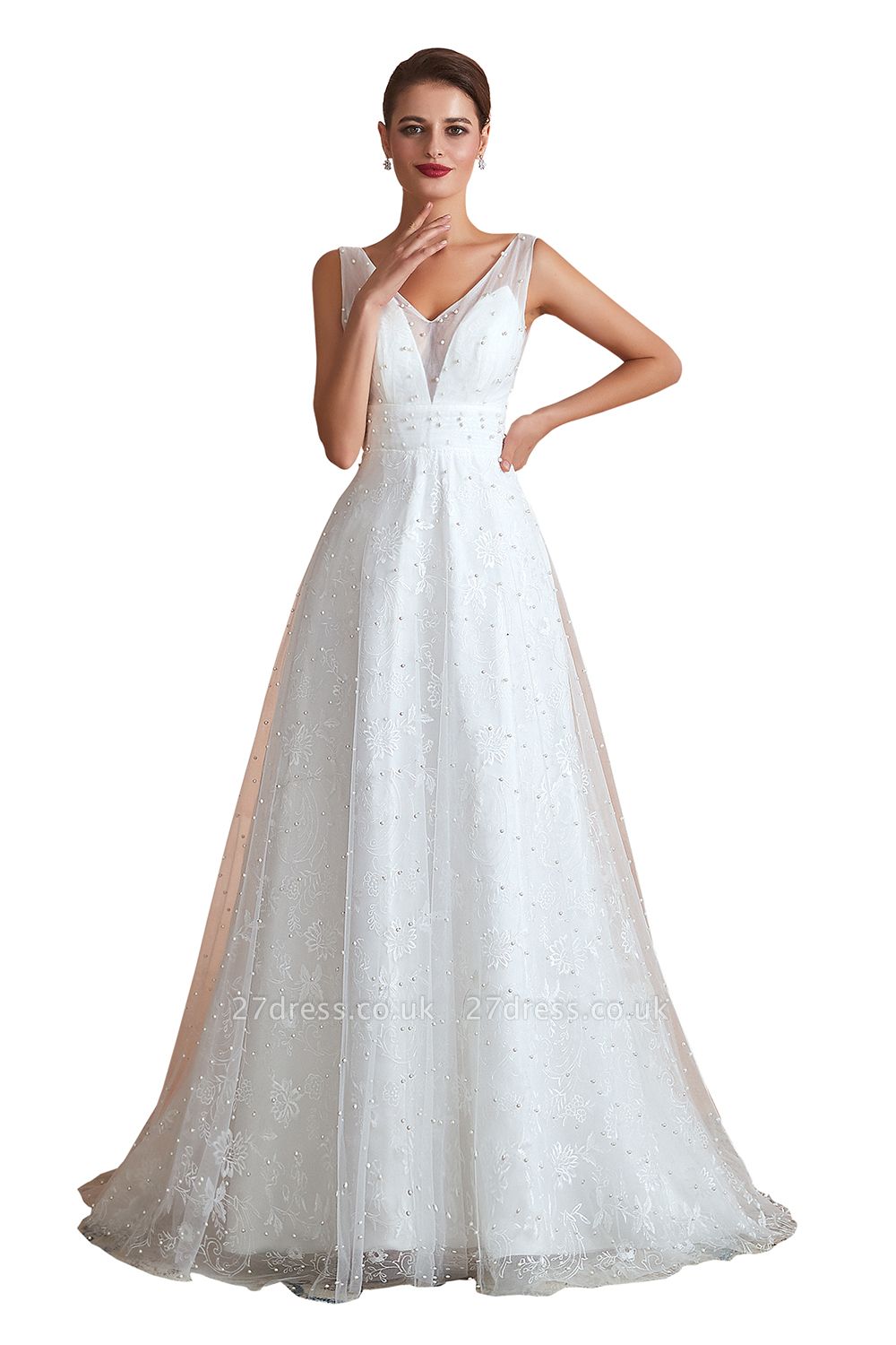 White V-neck Beach Wedding Dress Sleeveless Floor Length ALine Bridal Dress