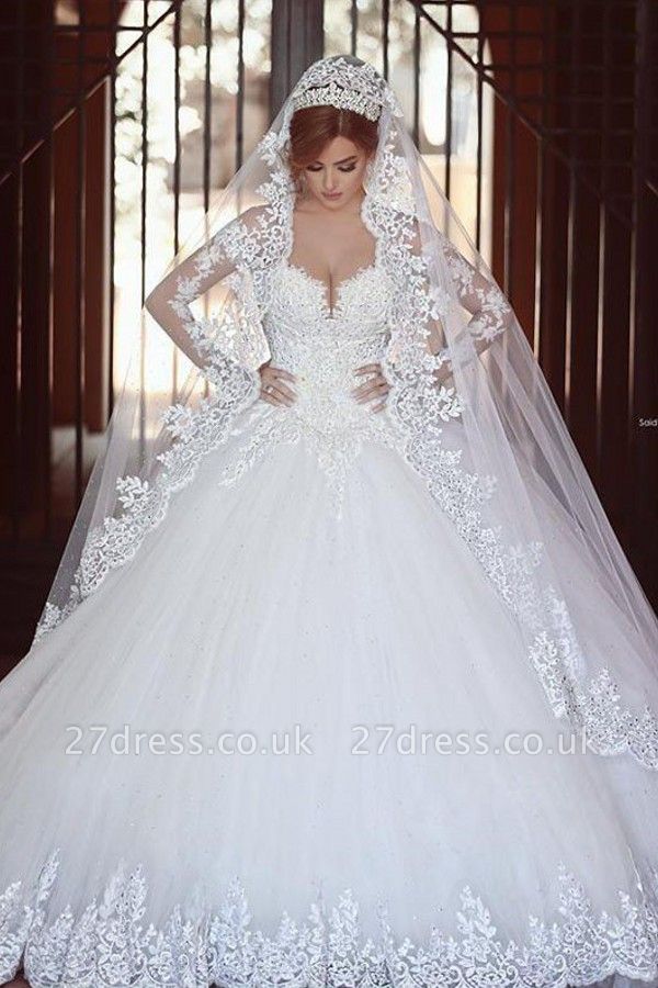 Long Sleeves Court Train Ball Gown Off-the-Shoulder Tulle Wedding Dresses UK
