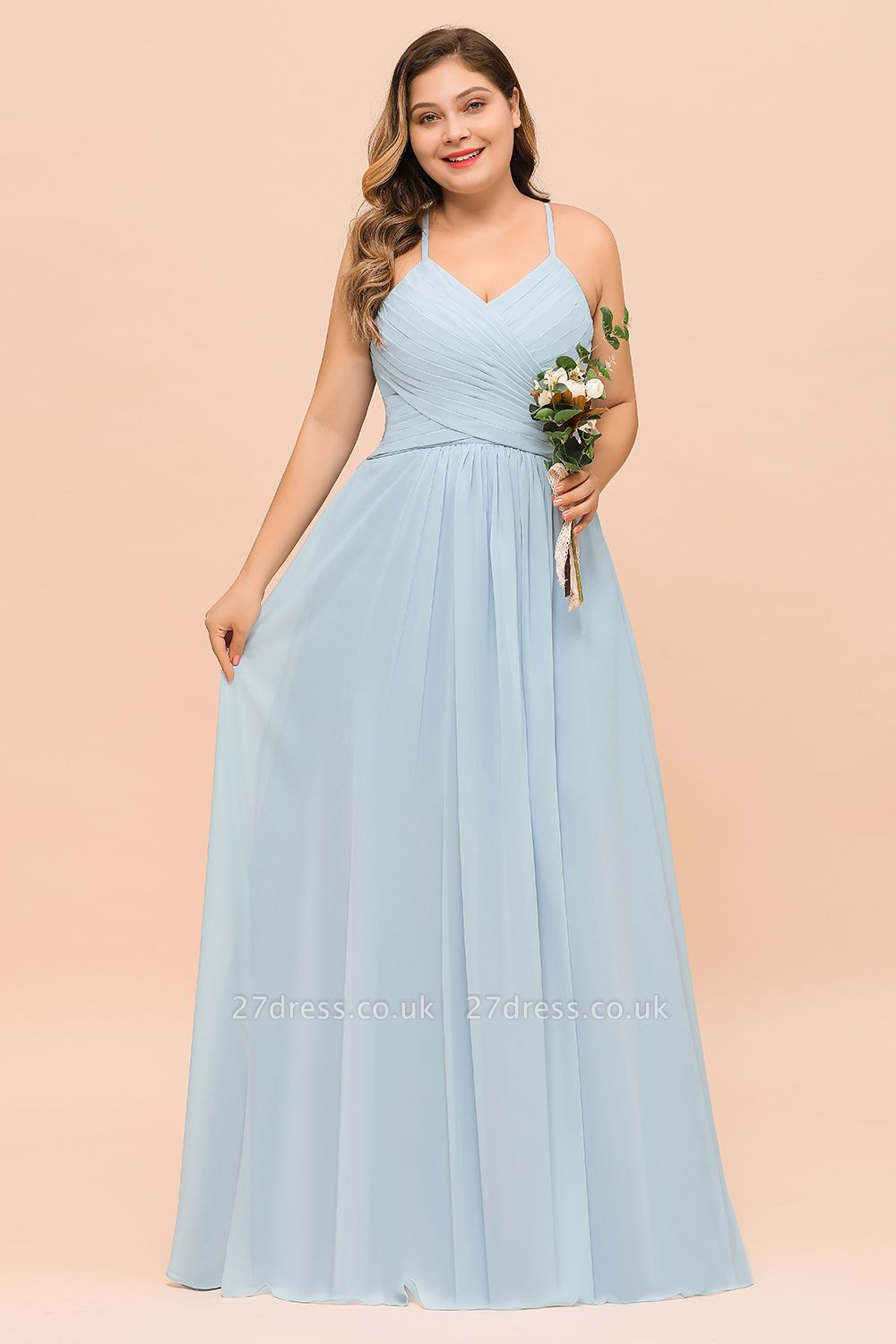 Plus Size  Sweetheart A-line Chiffon Bridesmaid Dress Sky Blue Strapes Wedding Party Dress
