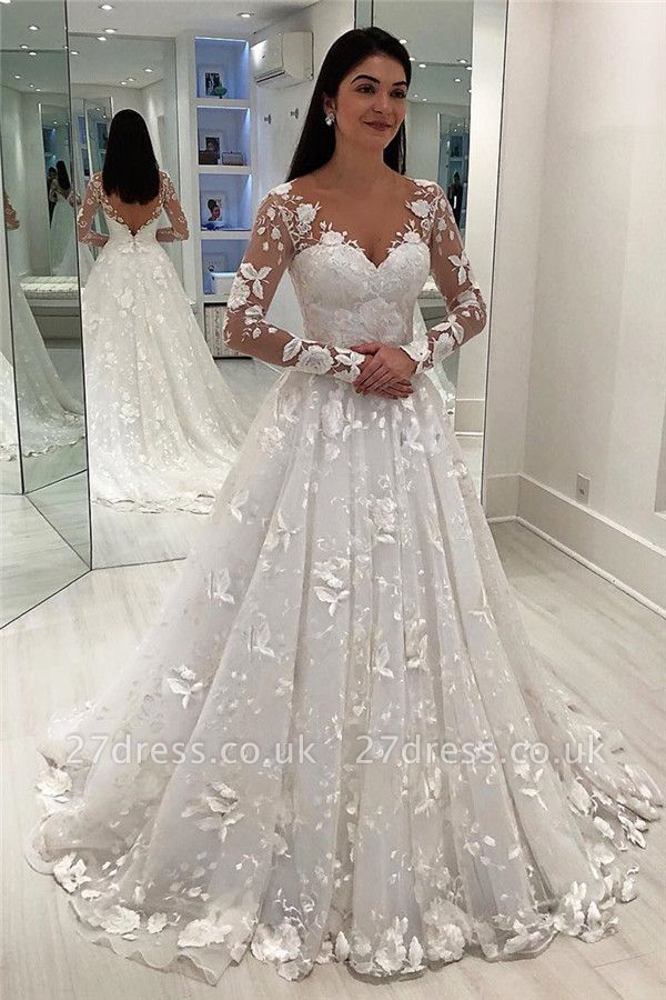 V-Neck Applique Long Sleeves A-Line Tulle Court Train Wedding Dresses UK