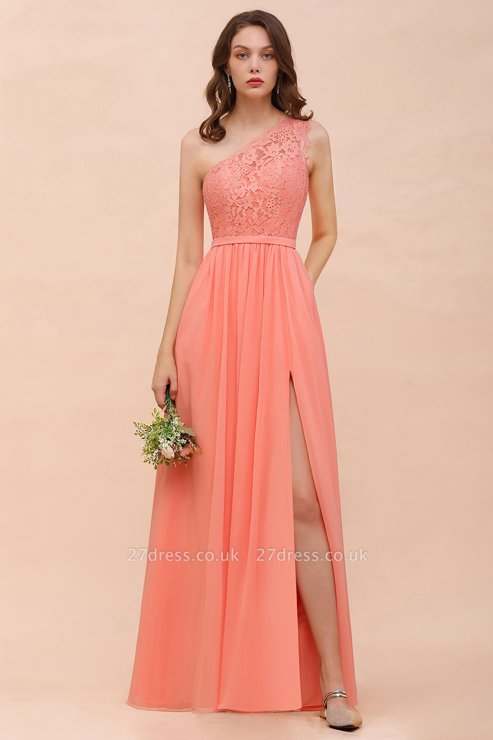 Gorgeous One Shoulder Lace Chiffon Long Bridesmaid Dress Coral Side Split Wedding Guest Dress