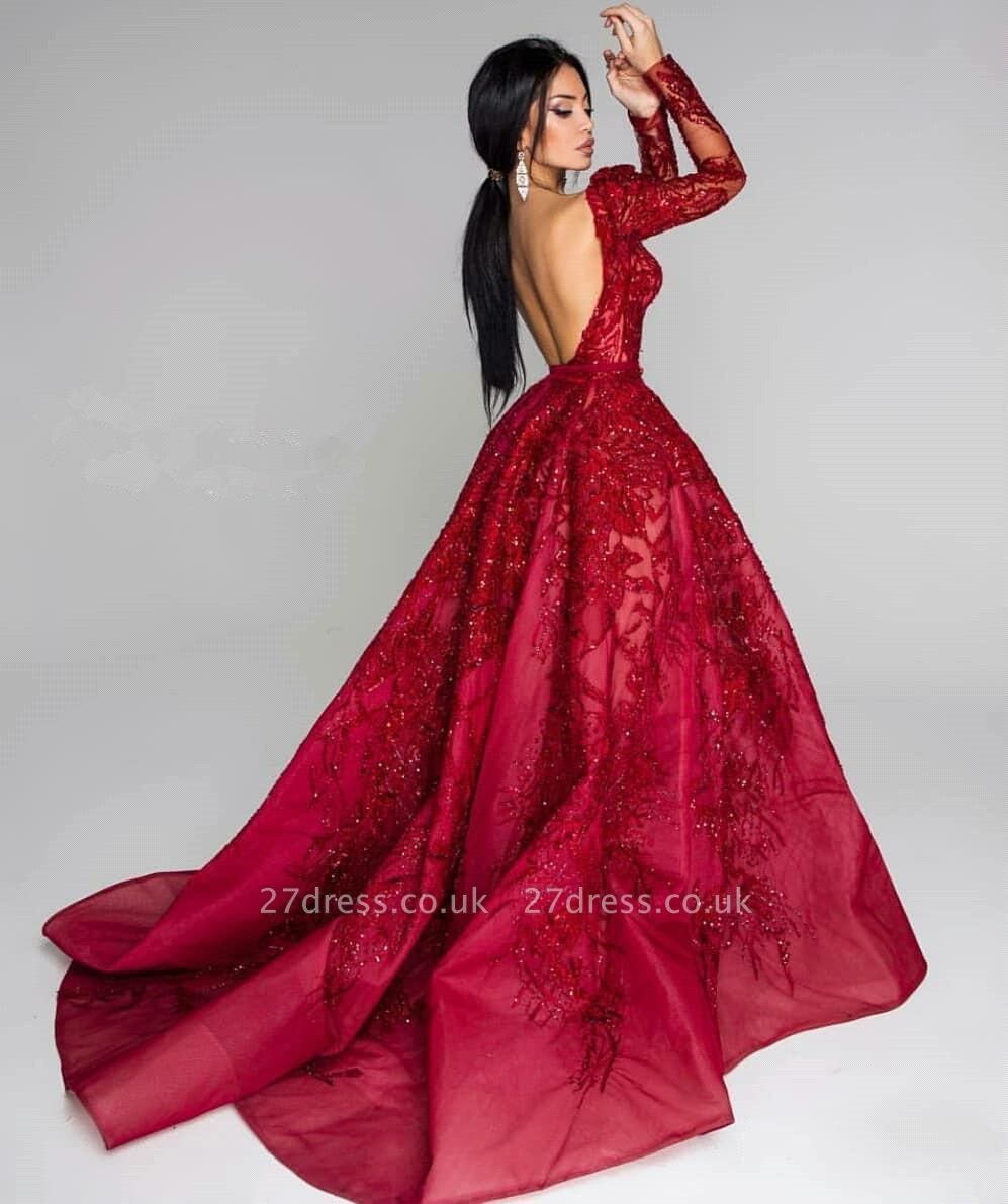 Ball Gown Backless Burgundy Beading Appliques Long Sleeves Formal Dresses