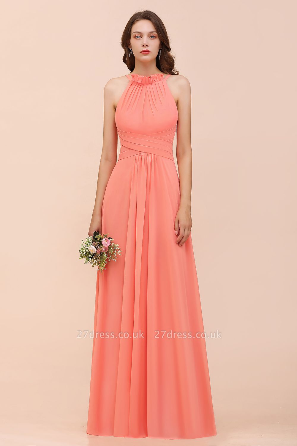 Elegant Halter Ruffle Chiffon Coral A-line Bridesmaid Dresses