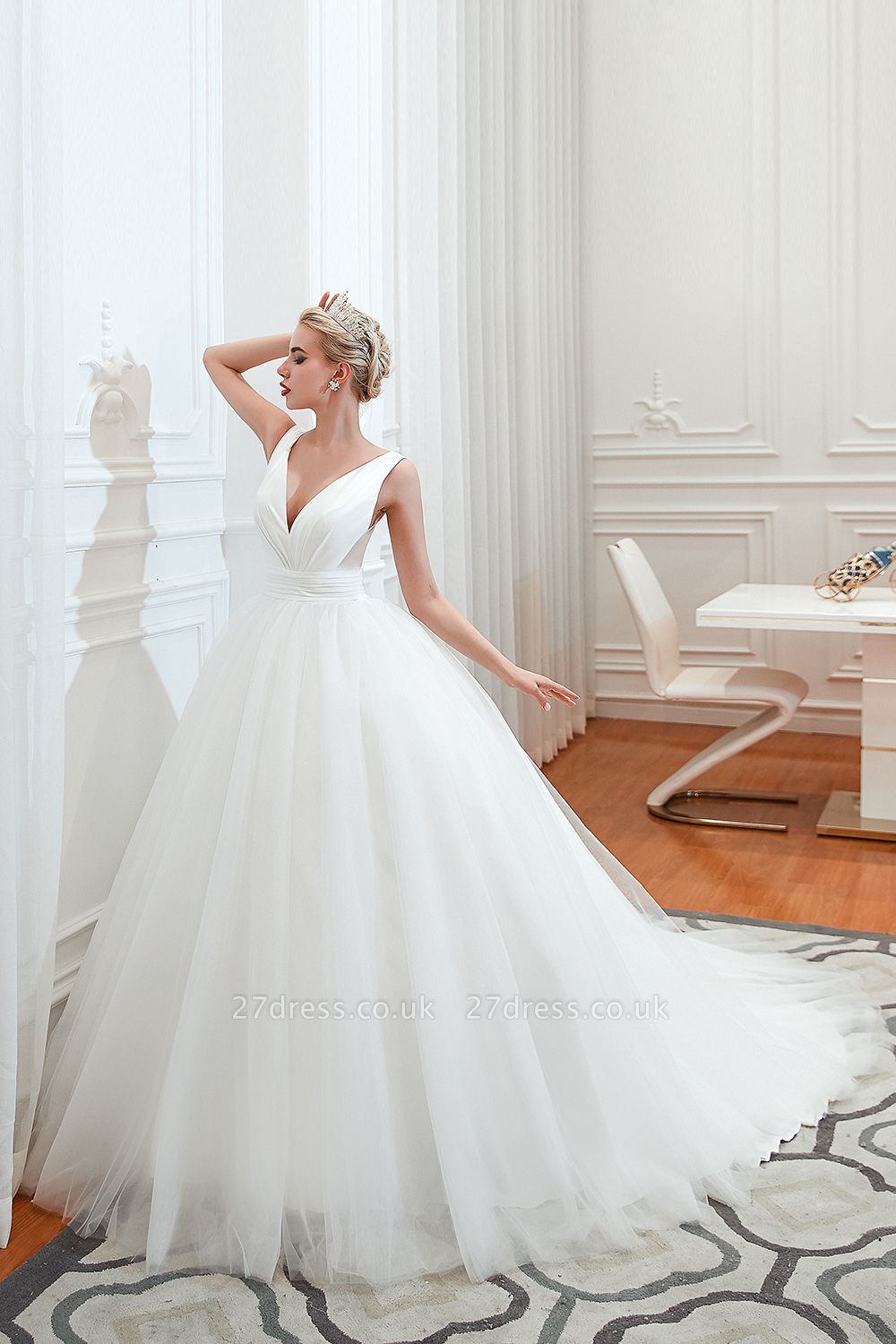 Elegant Low Back Bridal Gowns with Belt Spring Wedding Dress V-Neck