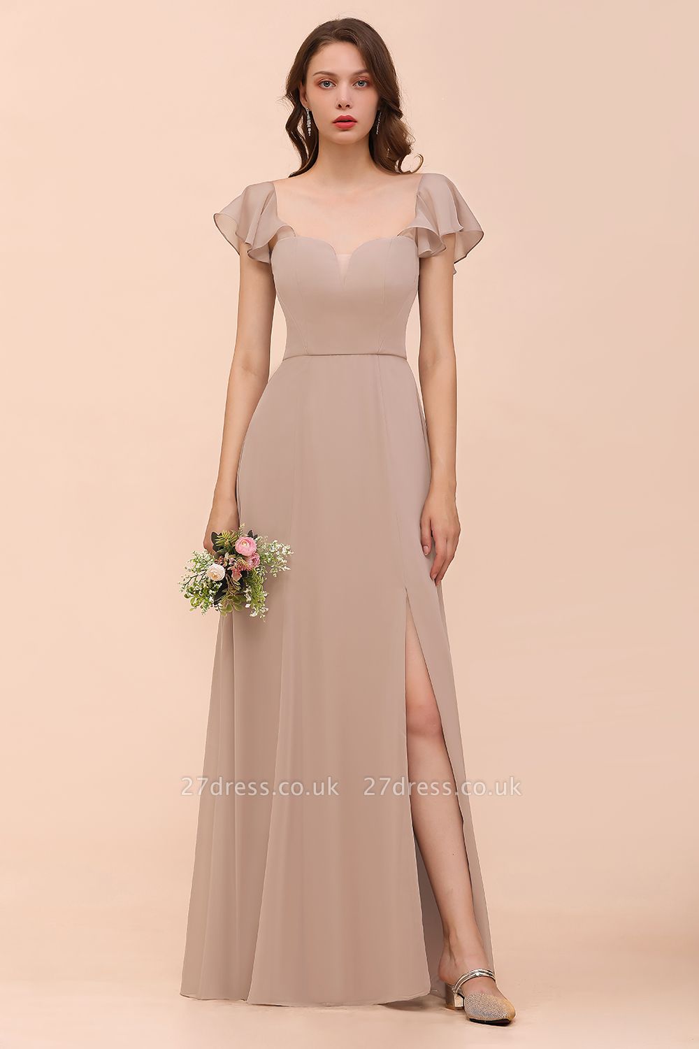 Cap Sleeves Chiffon Floor Length Bridesmaid Dress with Side Split