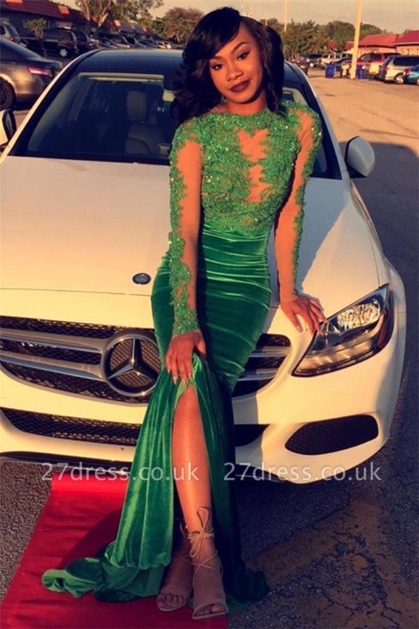 Lace Split Green Luxury Appliques Mermaid Long-Sleeve Prom Dress UK BK0