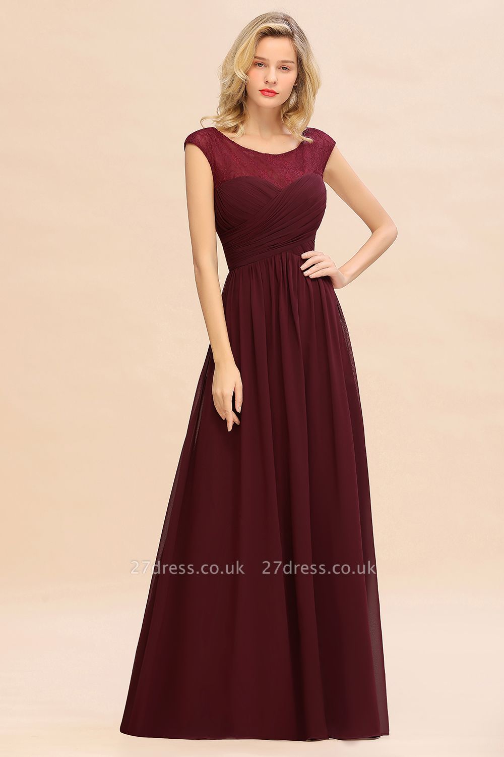 Elegant Burgundy Jewel Neck Chiffon Long Bridesmaid Dress