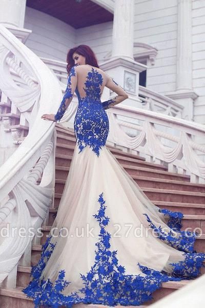 Long-Sleeve Mermaid Gorgeous Appliques Tulle Evening Dress UK