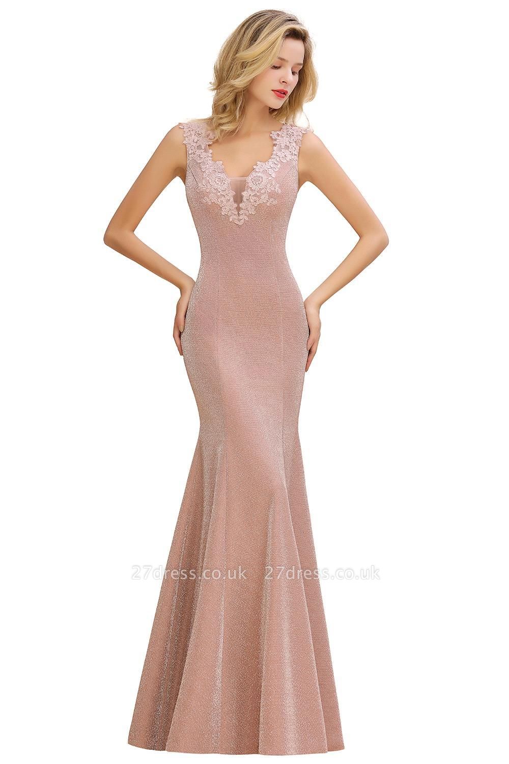 Sparkly V-neck Sexy Evening Dress UK | Flowers Sleeveless Pink Floor Length Formal Dresses