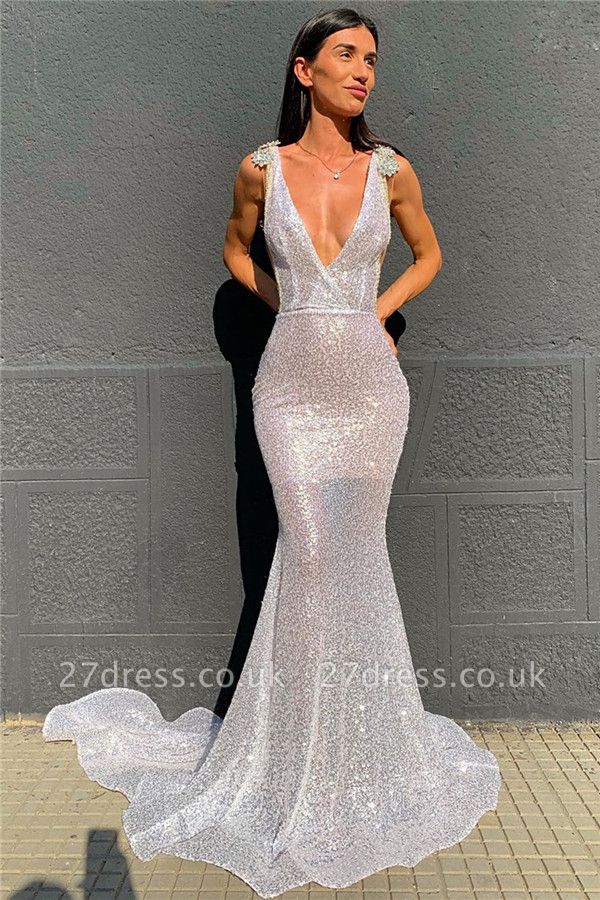 Shinning Silver V-neck Sleeveless Sweep Train Sequins Mermaid Gowns