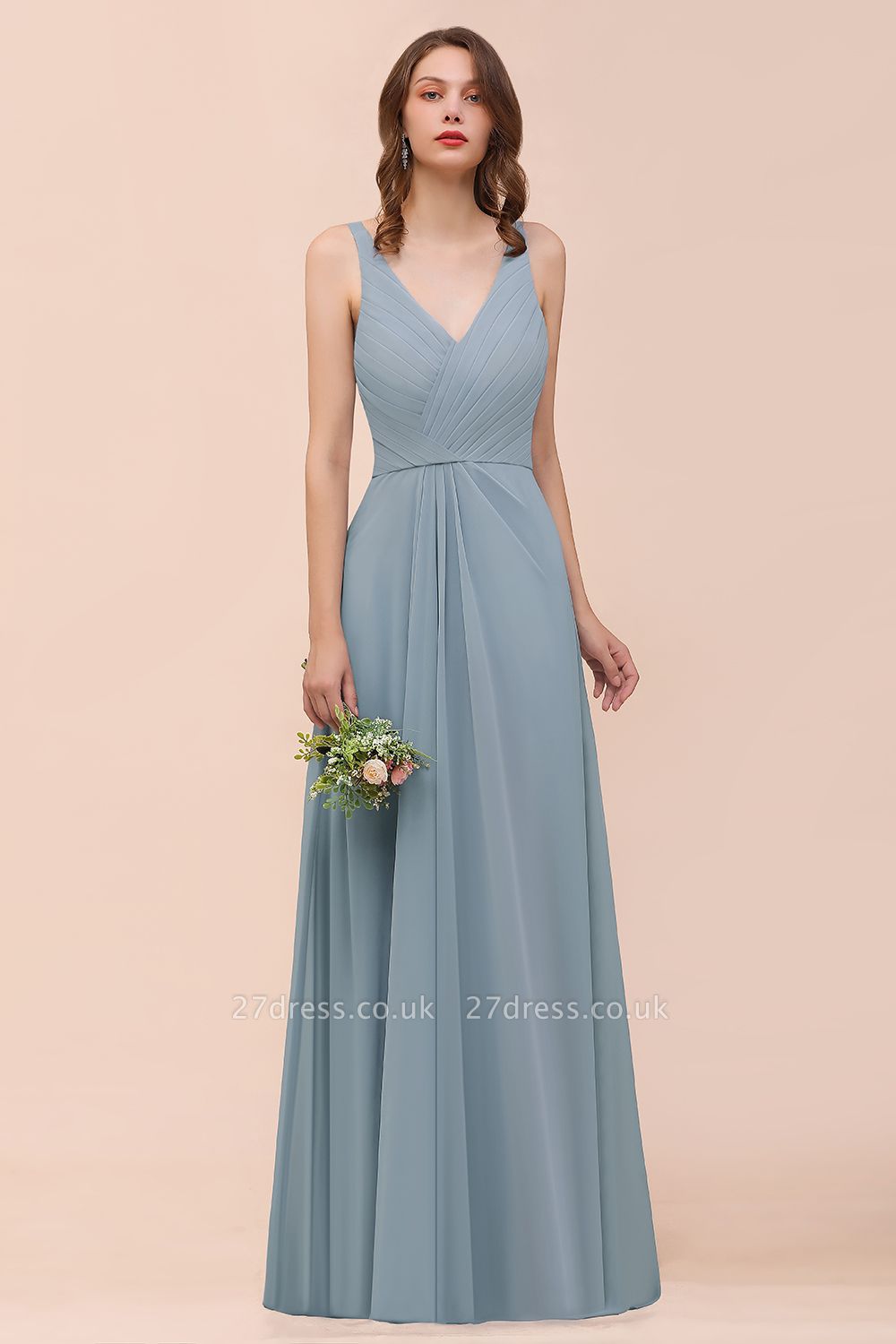 Elegant V-Neck Dusty Blue Chiffon Bridesmaid Dress Sleeveless Floor Length Wedding Guest Dress