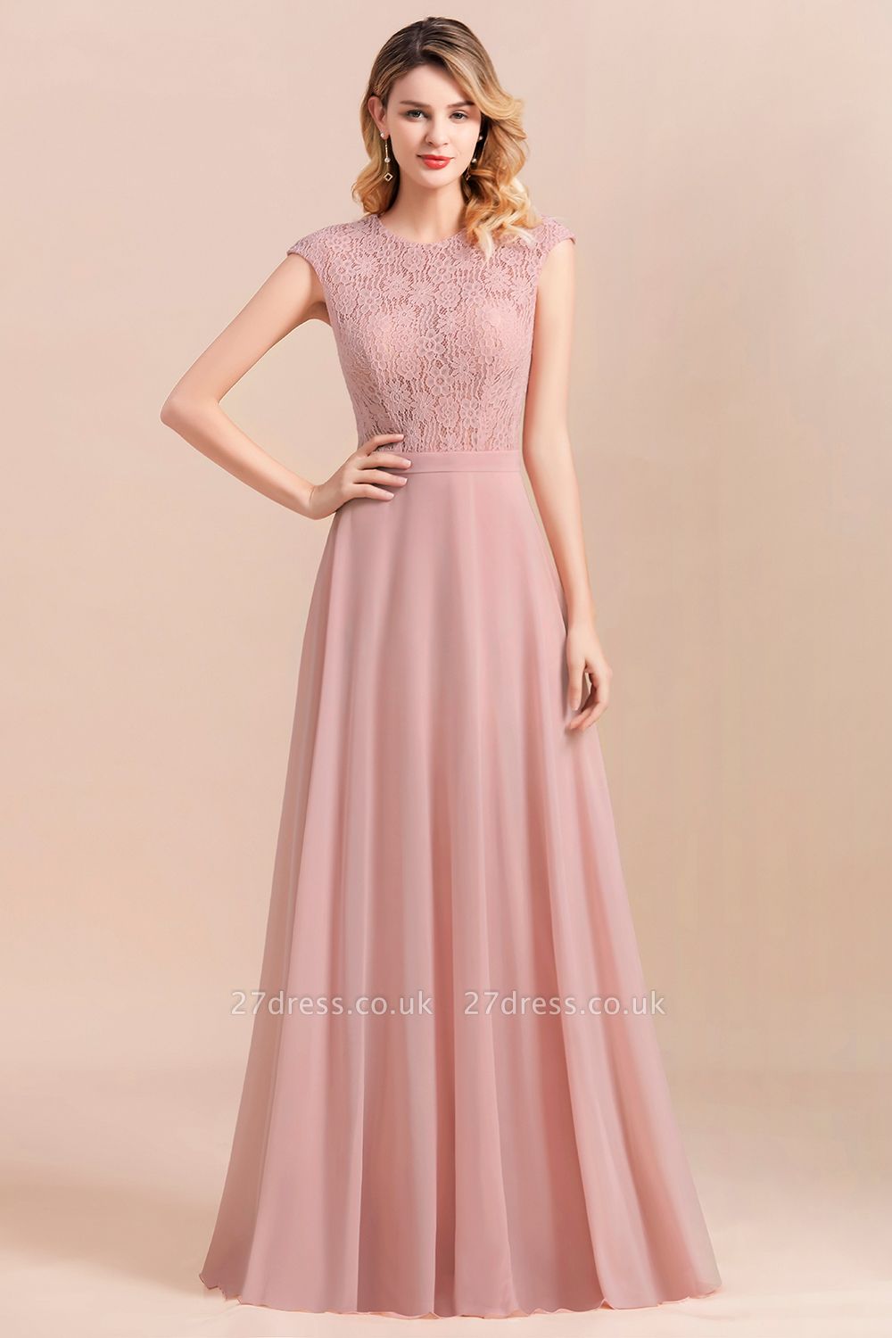 Elegant Scoop Neck Dusty Pink Lace Chiffon Bridesmaid Dress