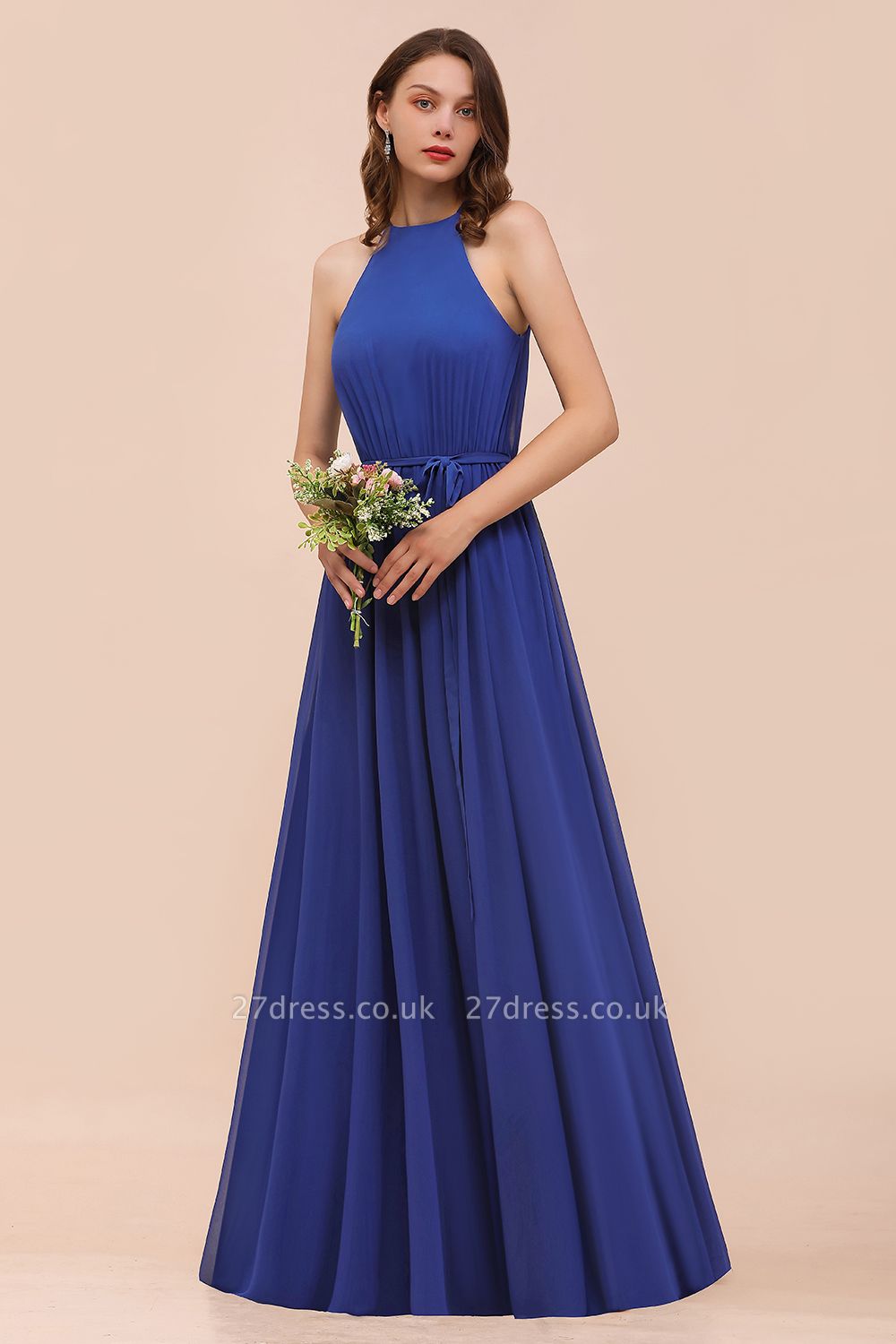 Elegant Halter Royal Blue Ruched Chiffon Bridesmaid Dress Front Slit Long Wedding Guest Dress