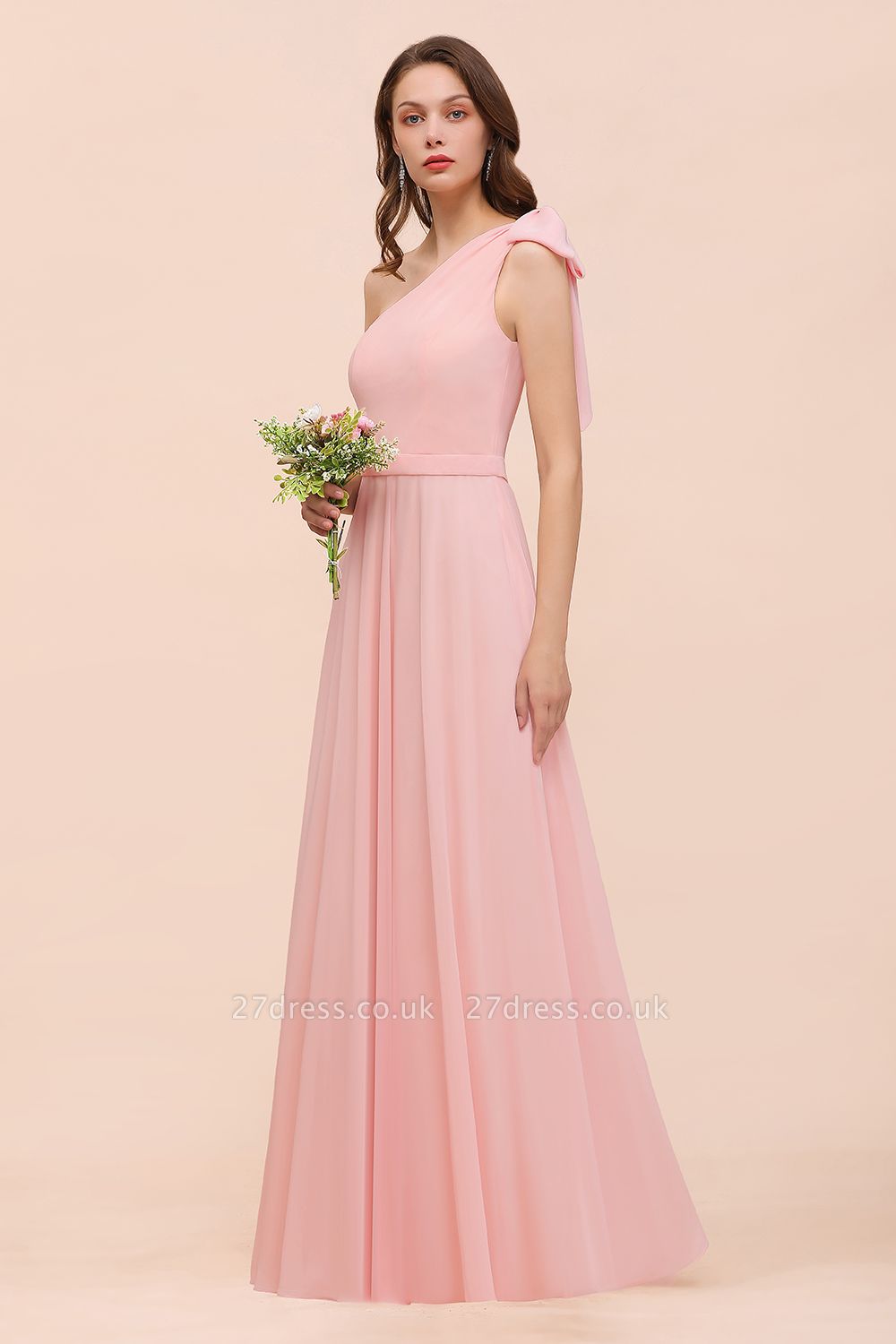 One Shoulder Pink  Bridesmaid Dress Sleeveless Chiffon Long Wedding Guest Dress