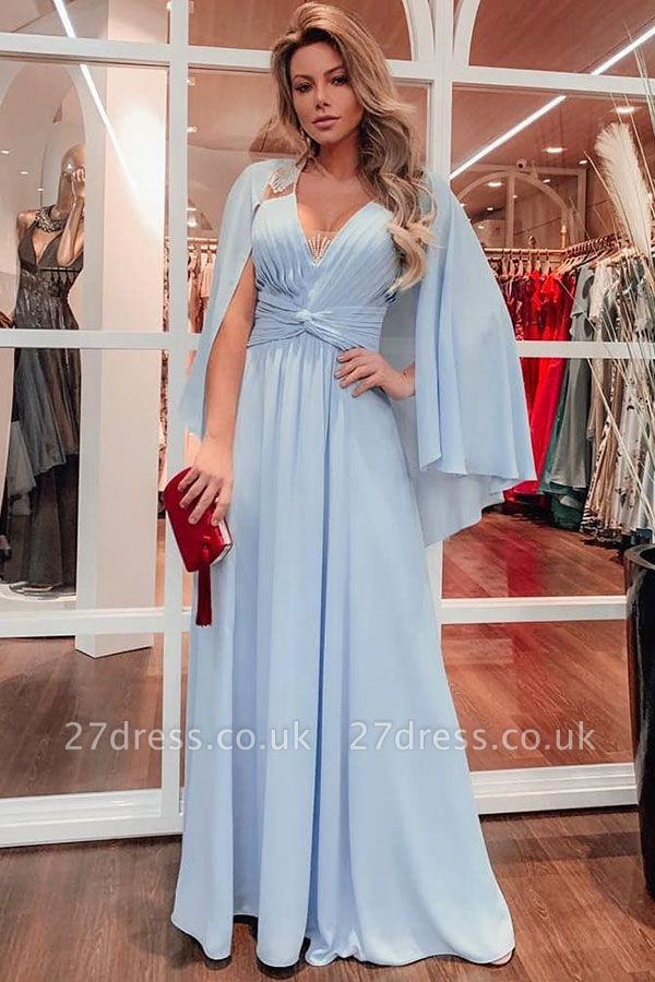 A-line V-neck Ruffled Chiffon UK Prom Dresses with Wrap