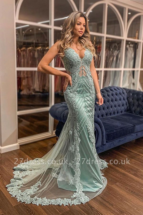Trendy V-neck Lace Appliques Sweep Train Mermaid Prom Dresses UK Designs