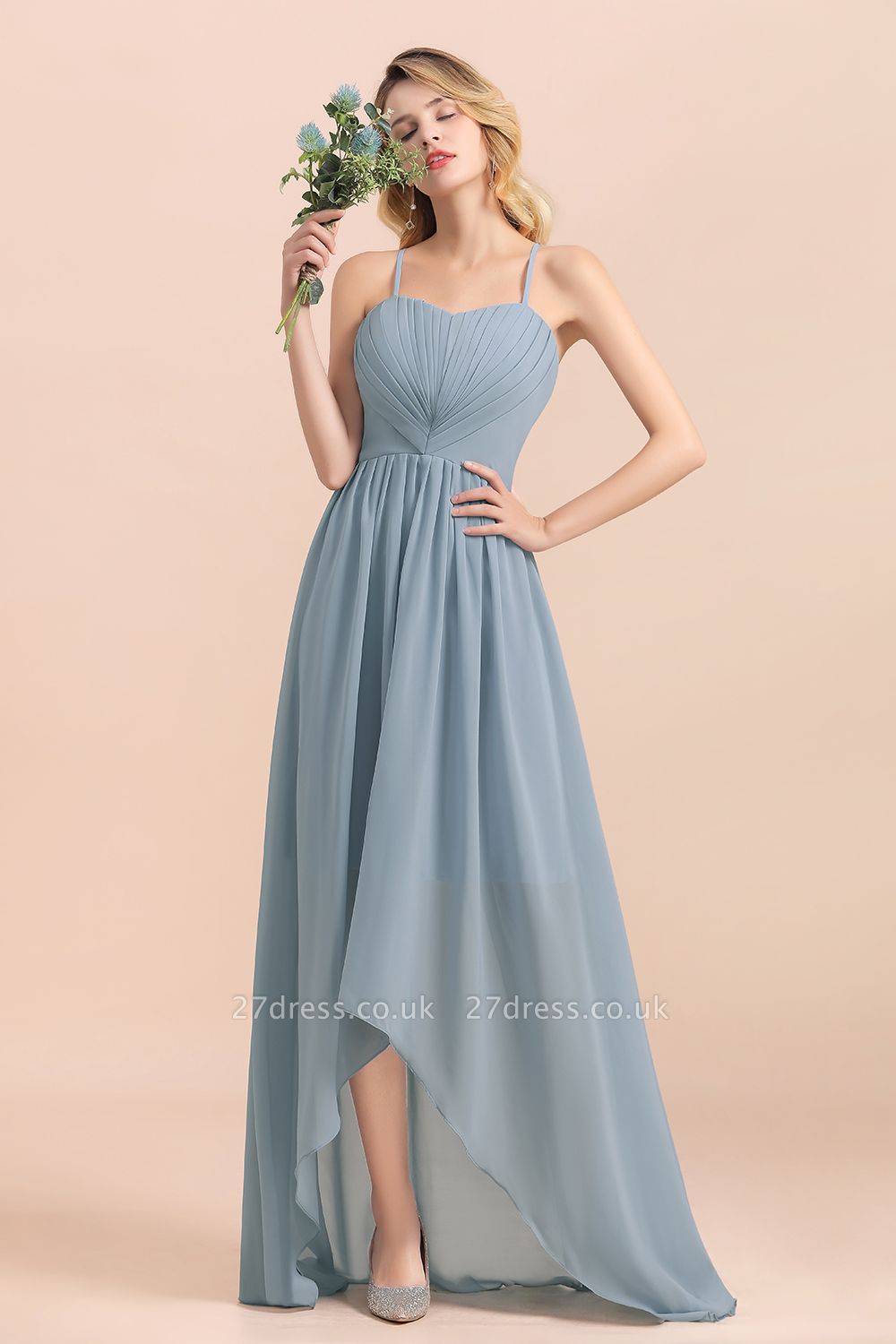 Stylish Halter Dusty Blue Hi-Lo Bridesmaid Dresses Backless Wedding Guest Dress
