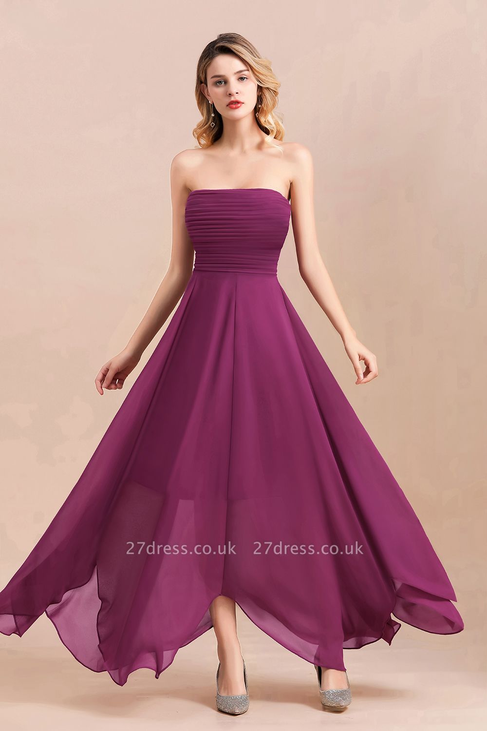 Strapless Orchid Ruched Chiffon Bridesmaid Dress Backless Ankle Length Wedding Party Dress
