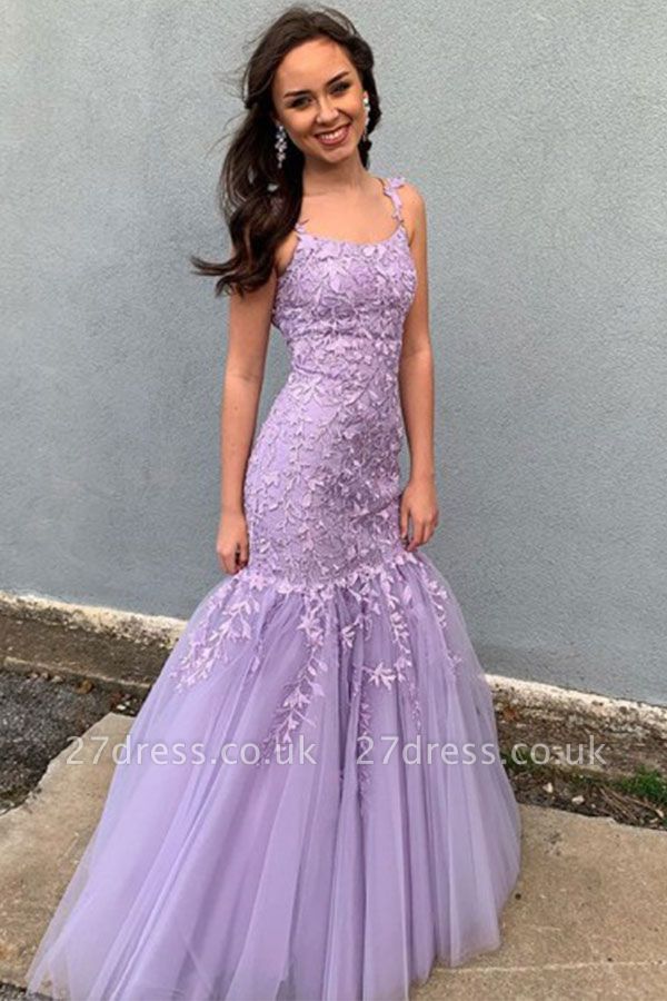 Spaghetti Appliques Floor Length Tulle Mermaid Prom Gowns