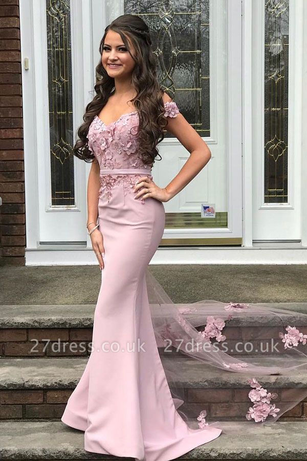 Off-the-shoulder Floral Appliques Sweep Train Mermaid Occasion Dresses