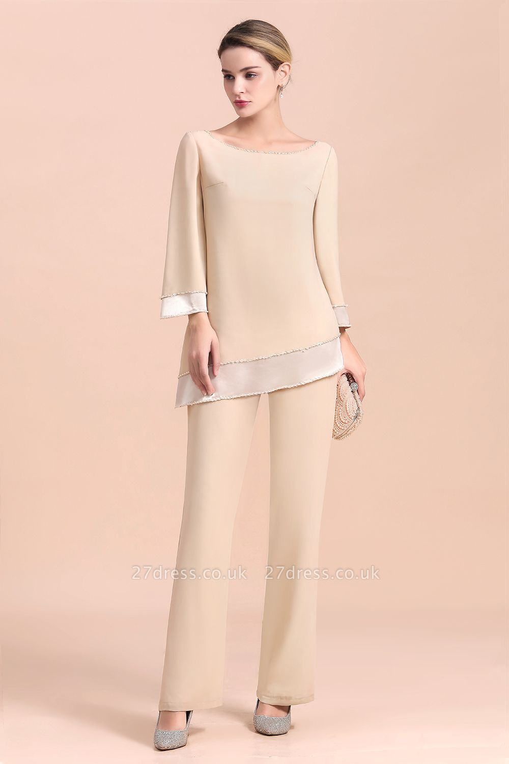 Round-Neck Champagne Chiffon Mother of Bride Jumpsuit for Wedding Guest