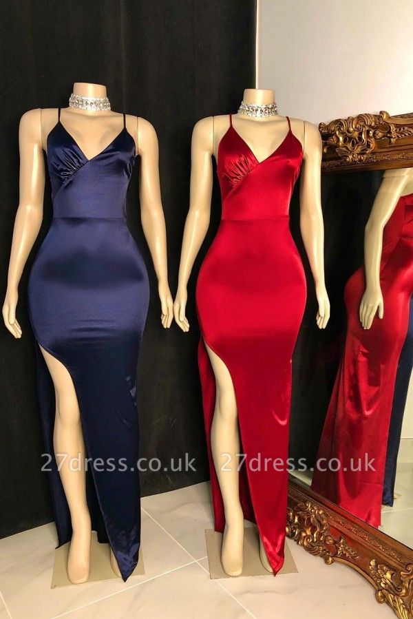 Spaghetti V-neck Front Slit Long Satin Mermaid Evening Dresses