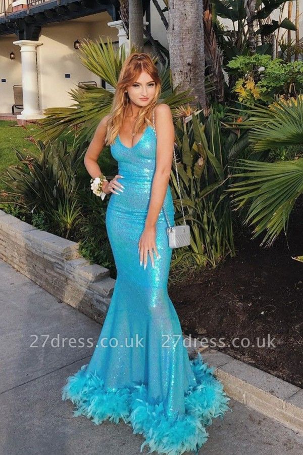 Blue Spaghetti V-neck Sequins Fur Long Mermaid Evening Dresses