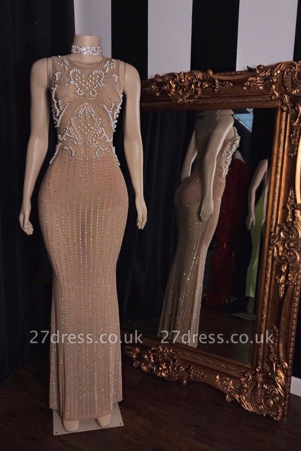 Sleeveless Pearl Beading Floor Length Champagne Mermaid Formal Gowns