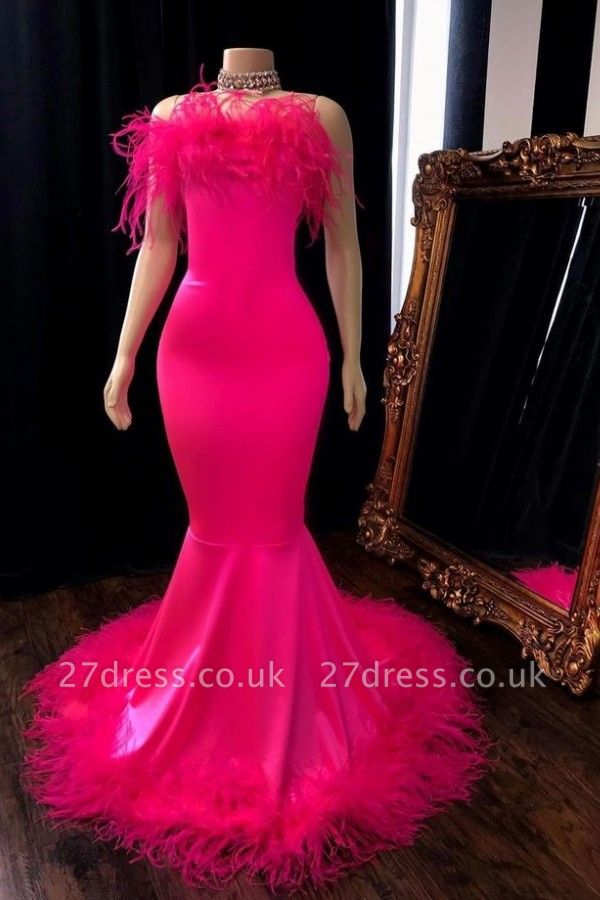 Sleeveless Floor Length Mermaid Fur Pink Prom Dresses