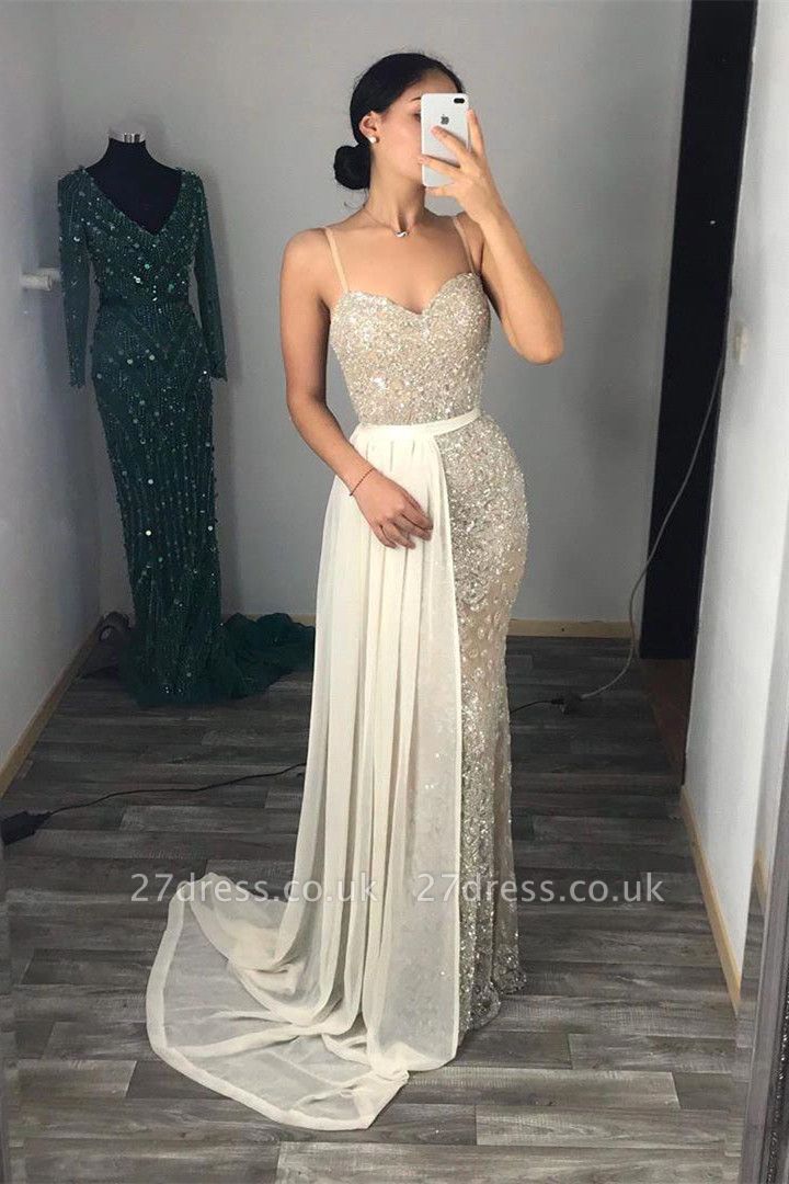 Silver Sequins Sweetheart Spaghetti Long Mermaid Dresses with Tulle Train