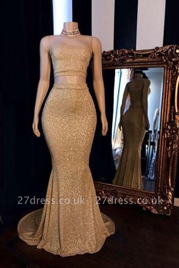 Strapless Two-pieces Golden Shinny Mermaid Prom Dresses