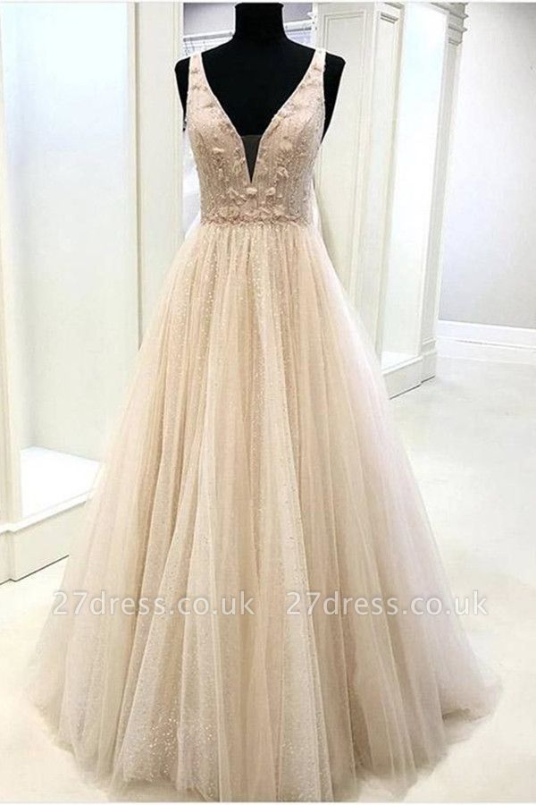 Gorgeous V-Neck Appliques Sleeveless A-Line Tulle Evening Dress UK
