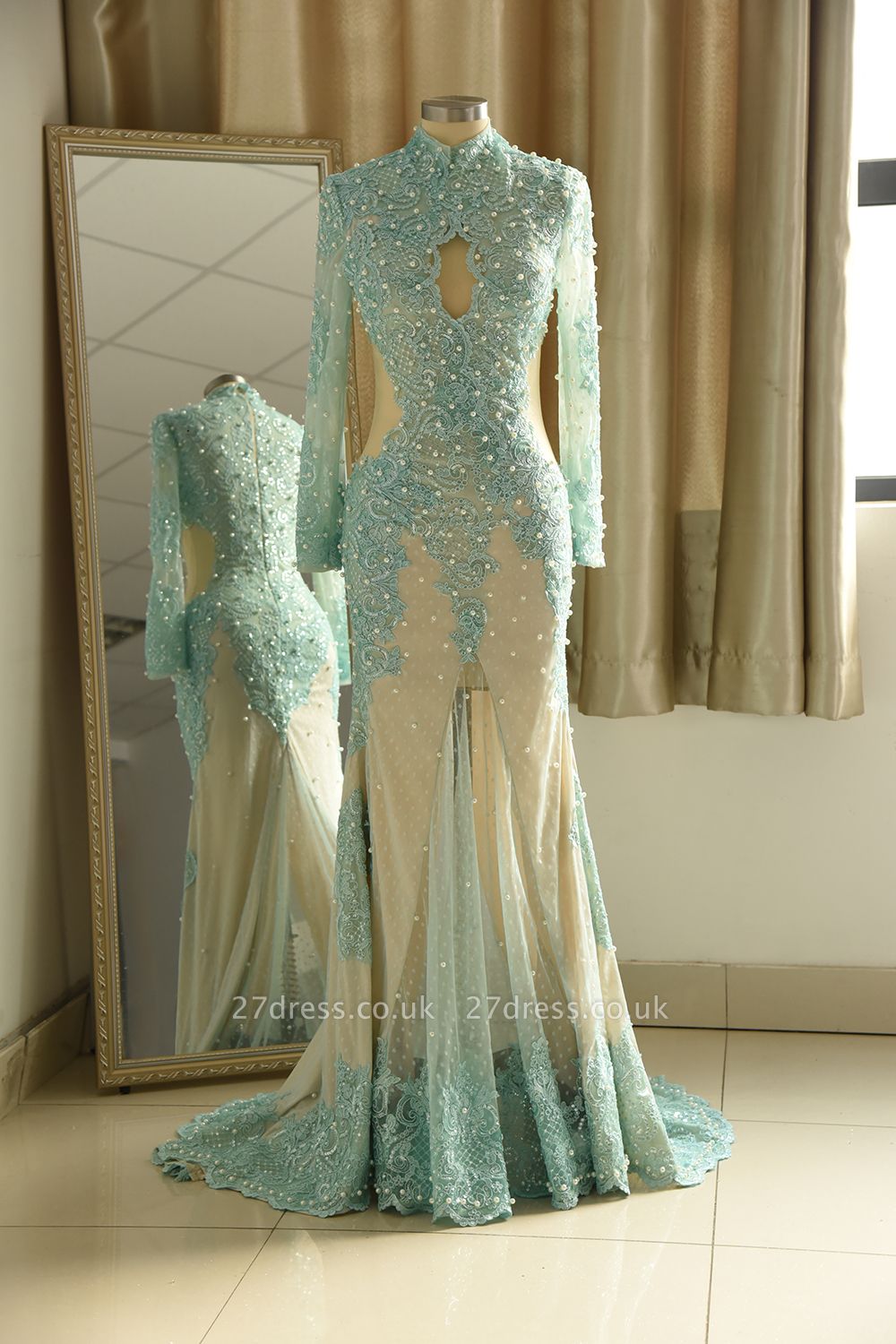 Long Sleeve High neck Mermaid Evening Dress Sage Lace Long Prom Dress