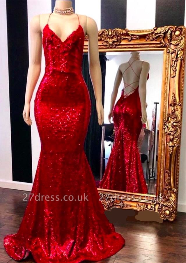 Spaghetti Straps V-neck Backless Mermaid Red Sequins Formal Dresses