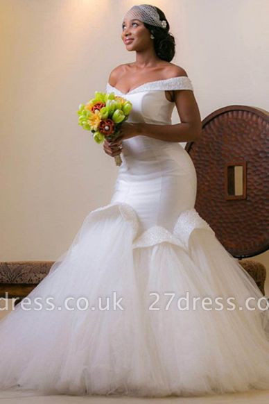 Tulle Sweep-Train Off-the-shoulder Elegant Lace-up Beads White Sexy Mermaid Wedding Dress