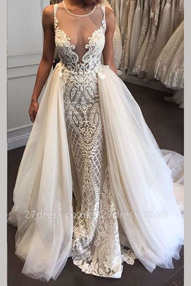 Illusion Detachable-Train Lace Delicate Zipper Sleeveless Wedding Dress bd028