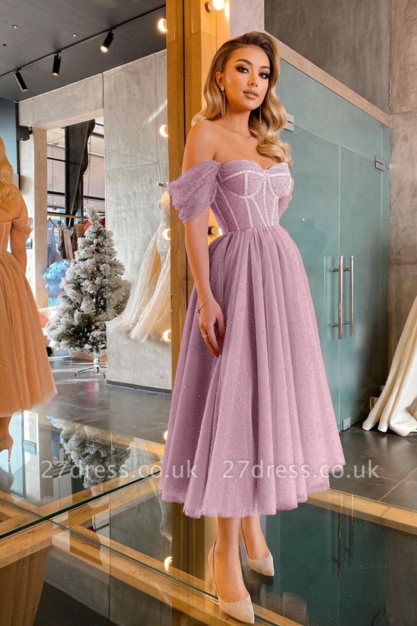 Boho Sparkly Sequins Soft Tulle Party Dress Off Shoulder Cocktail Formal Dresses