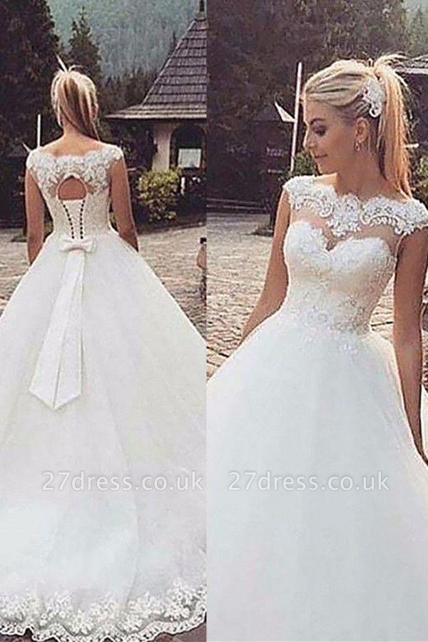 Tulle Ball Gown Bateau Lace Court Train Sleeveless Wedding Dresses UK
