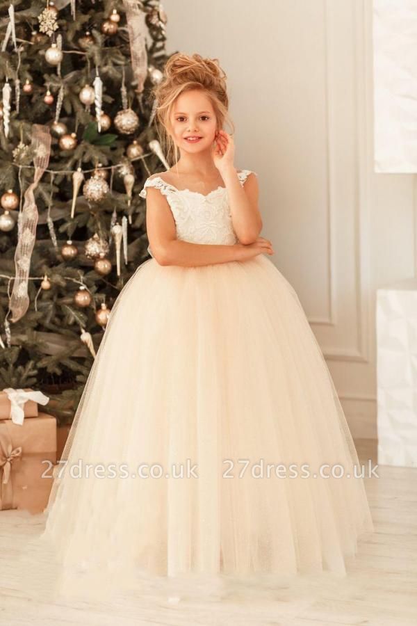 Cute Cap Sleeves Tulle Lace Appliques Christmas Party Dress White Flower Girl Dress for Princess