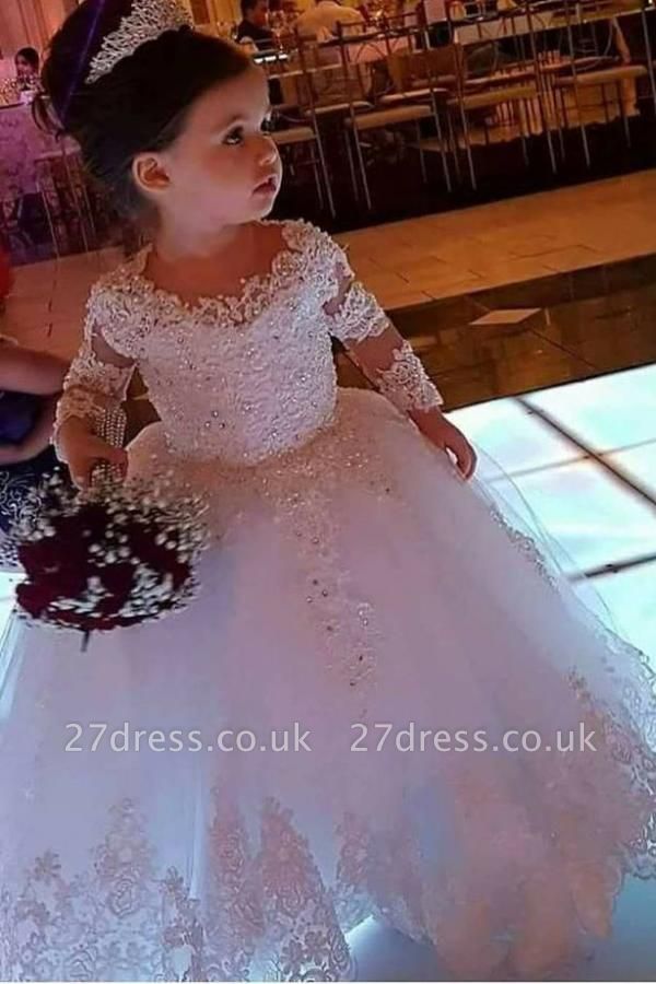 Lovely White Flower Girl Dress Long Sleeves Lace Appliques with Pearls Wedding Party Dress for Girls