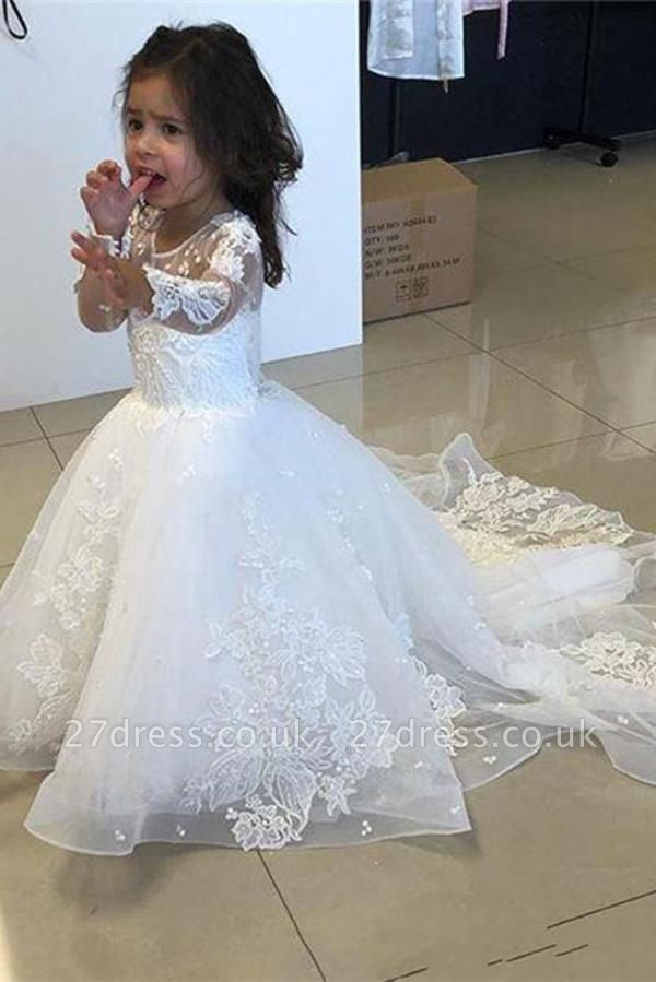 Scoop Neck Long Sleeves Little Girl Dress for Wedding Floral Lace Flower Girl Dress