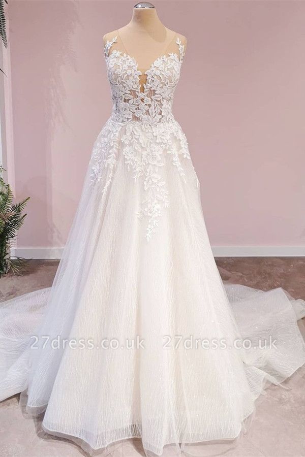 Elegant V-Neck Sleeveless Wedding Dress Aline Romantic Floral Lace Bridal Dress